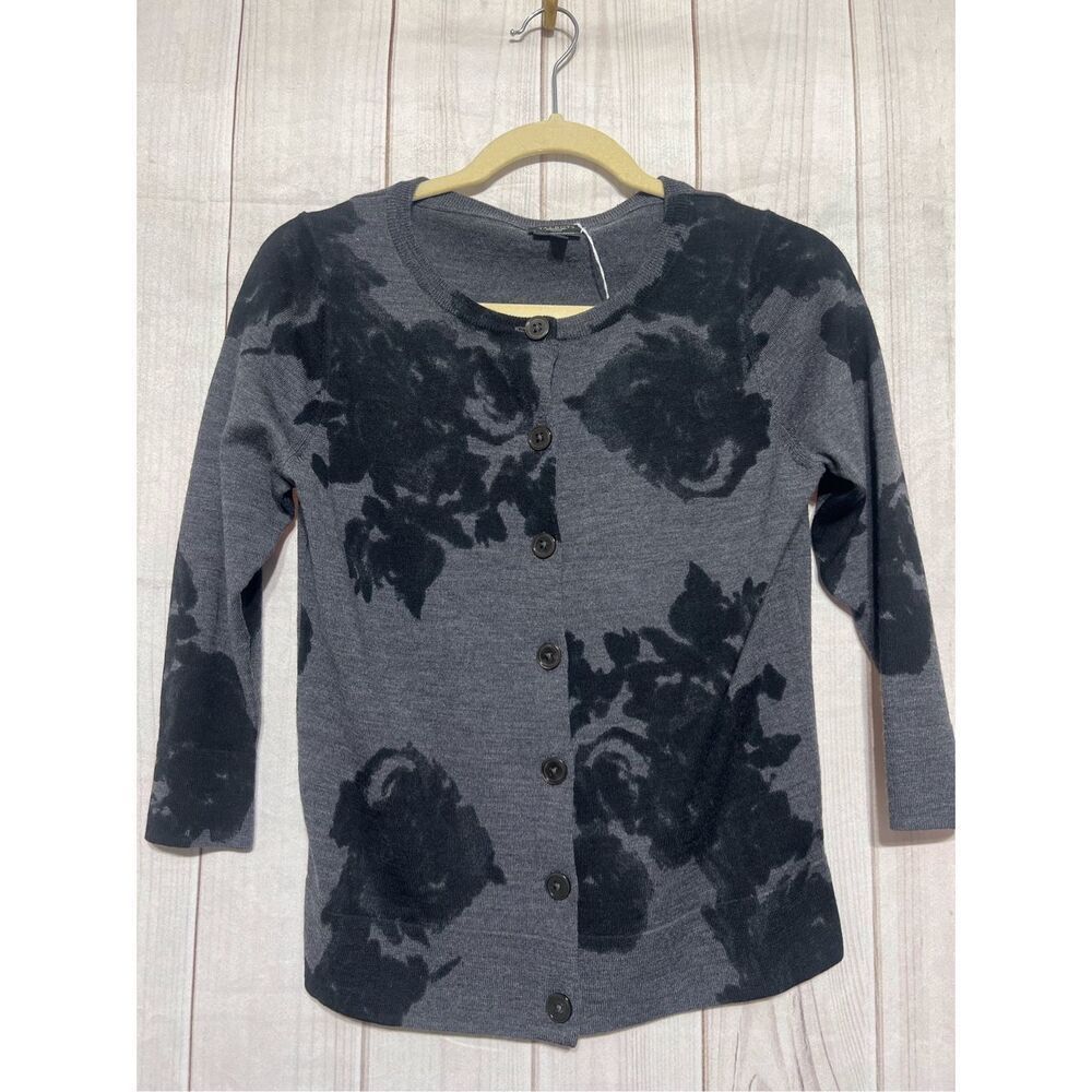 Talbots Cardigan gray w/black roses, Italian Merino wool size Sp